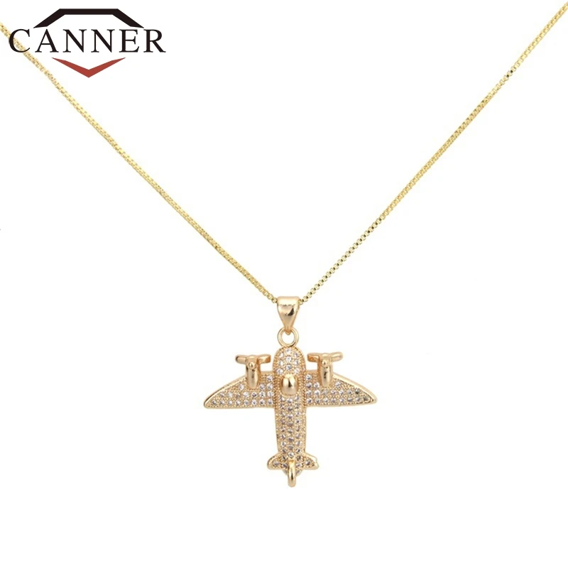 CANNER Creative Trendy Gold Color Aircraft Pendnat Necklace Fashion Jewelry Punk Personality Zircon Necklaces for Women Men TW