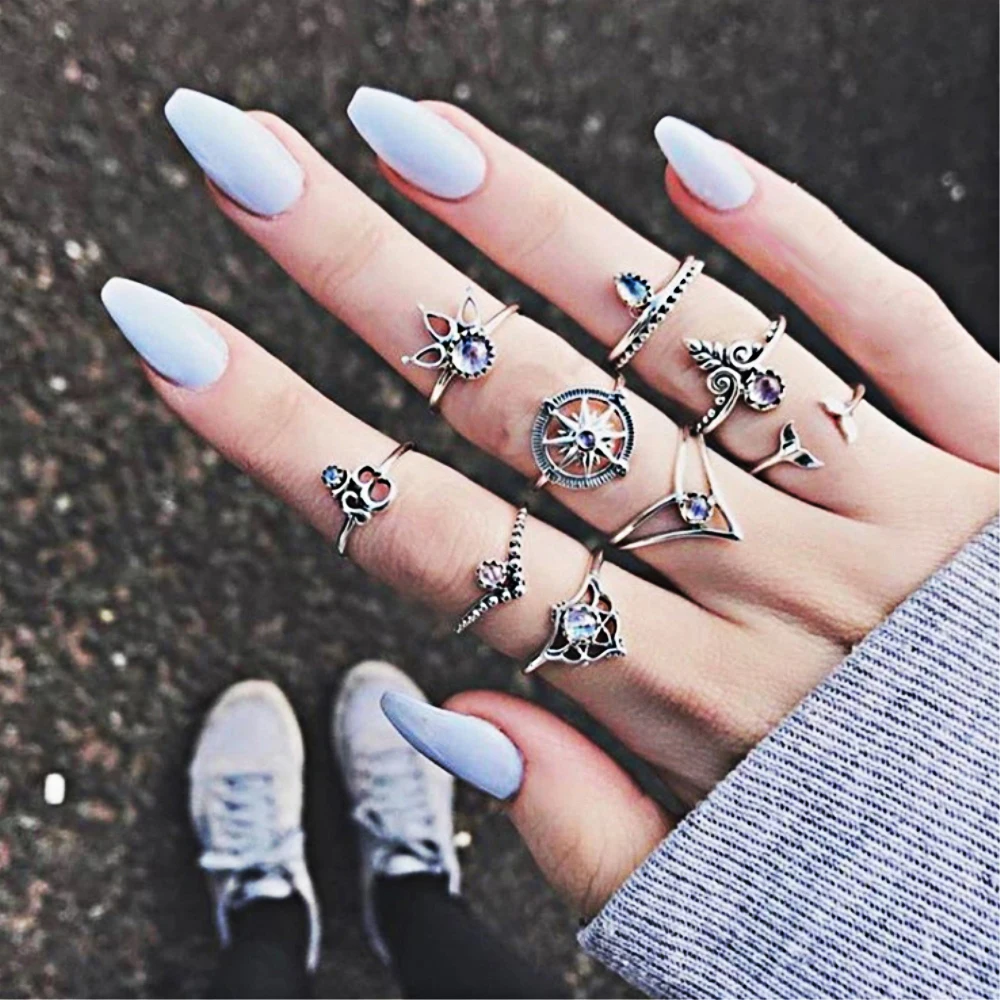 

1 Set 9pcs Vintage Knuckle Ring for Women Boho Geometric Whale Tail Rudder Ring Set Bohemian Midi Finger Jewelry Women Ring Gift