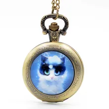 Модные милые синие часы с кошкой Китти, черные/серебряные/Бронзовые кварцевые карманные часы, аналоговое ожерелье с подвеской, мужские и женские часы, подарок для девочки
