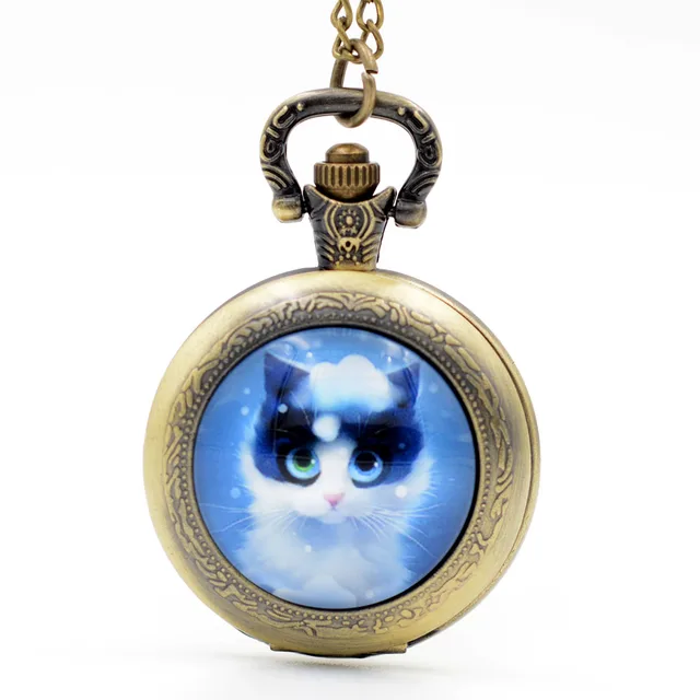 Fashion Lovely Cute Blue Cat Kitty Black/Silver/Bronze Quartz Pocket Watch Analo Fashion Lovely Cute Blue Cat Kitty Black/Silver/Bronze Quartz Pocket Watch Analo