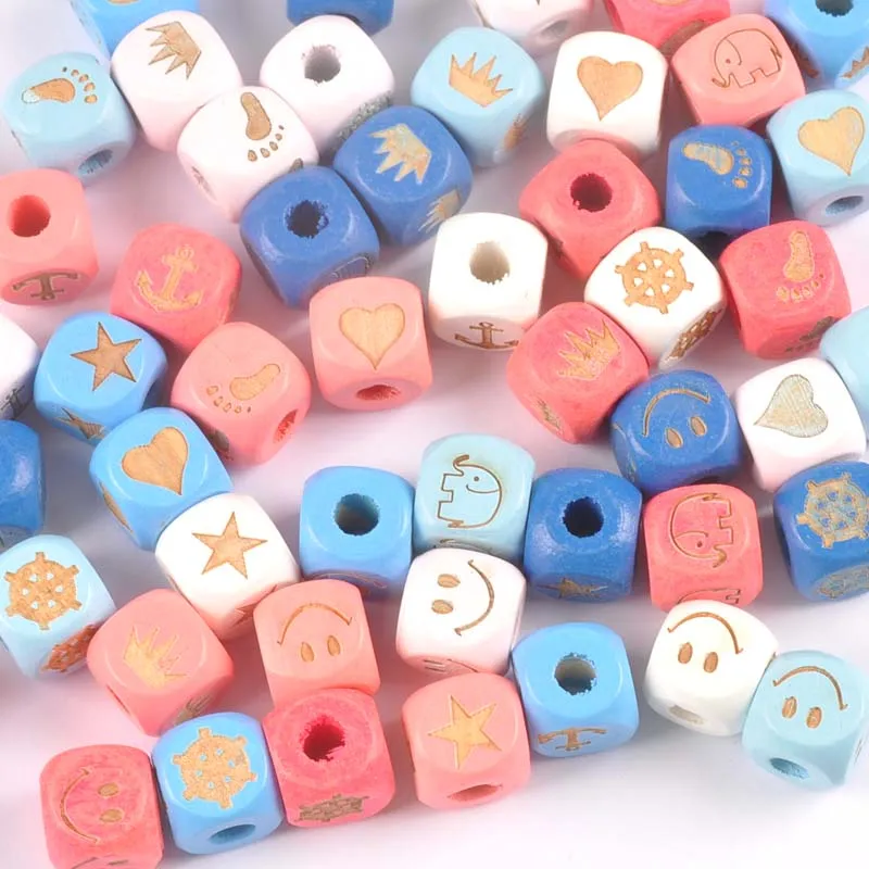 

20pcs Mixed pattern colour square beads Wooden Cube unfinished geometric Beads For Making of Pacifier Chain MT2192