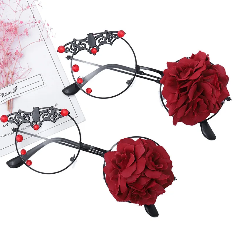 

Retro Bat Rose Glasses Frame Eyeglasses Dark Steam Punk Gothic Handmade Eyewear Women Clear Vintage Round Glass Oculos De Gafas