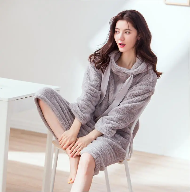 Корейская Стильная однотонная плотная фланелевая ночная рубашка с капюшоном, Женское зимнее теплое платье для сна с длинным рукавом, новинка, модная одежда gx1532 - Цвет: gray