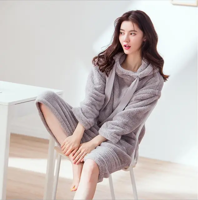 Korean style hooded solid thicken flannel Nightgowns female long sleeve
