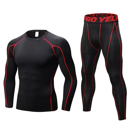 Новинка, брендовая мужская спортивная одежда для фитнеса, мужские футболки для пробежки+ штаны, трико, спортивные костюмы для спортзала, тренировок, компрессионный набор для бега - Цвет: black with red