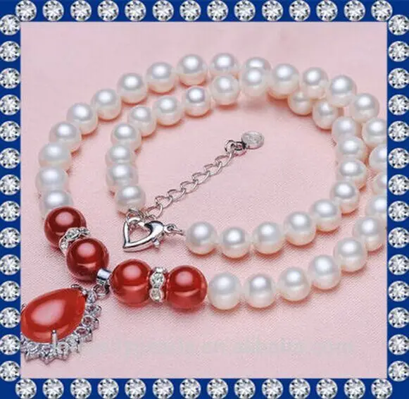 

8-9mm natural south seas white pearl necklace 18inch + red pendant