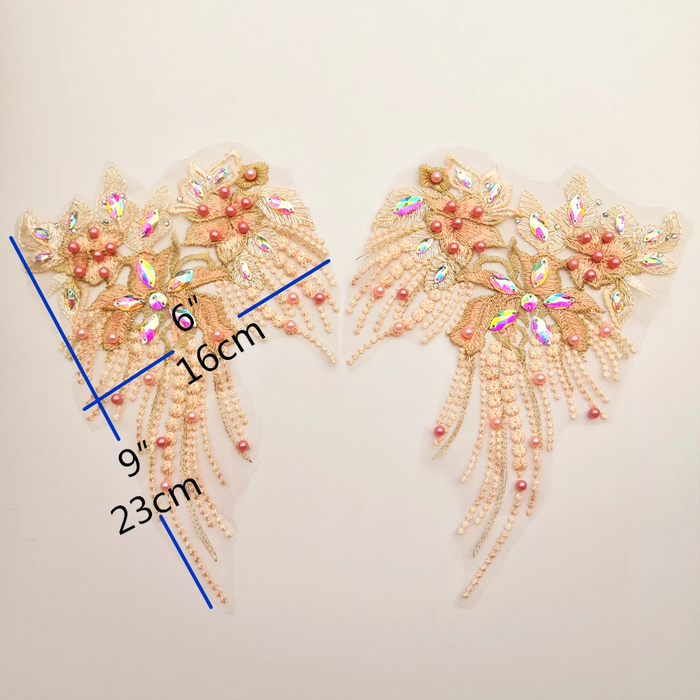 1 пара бисерные Стразы вышитые цветочные Розовые кружева воротник плечо отделка одежды швейное Свадебное кружево Аппликация Edge-B