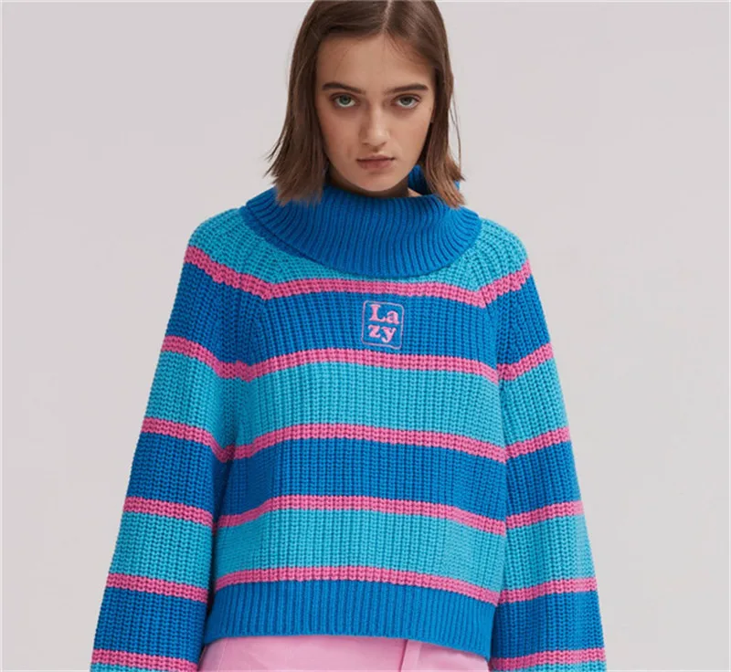 UNIF Womens Striped Roll Neck Jumper Runway sweater with Embroidered Letter Lazy Turtleneck Oversized Chunky Knit Pullovers