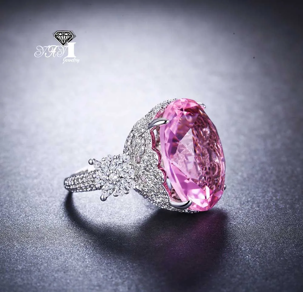 YaYI Jewelry Princess Cut 18*22mm Huge Pink Gemstone Zircon Silver Color Engagement Wedding Party Rings GIft Woman - 6