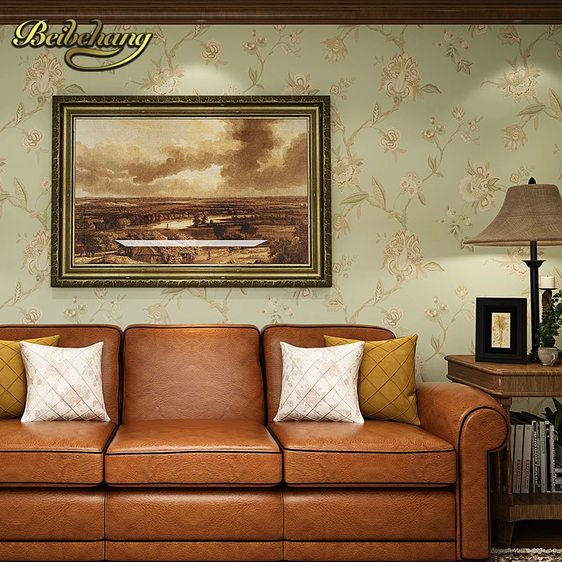 wall paper. Pune retro green garden flower wallpaper American country backdrop environmental non-woven wallpaper bedroom living