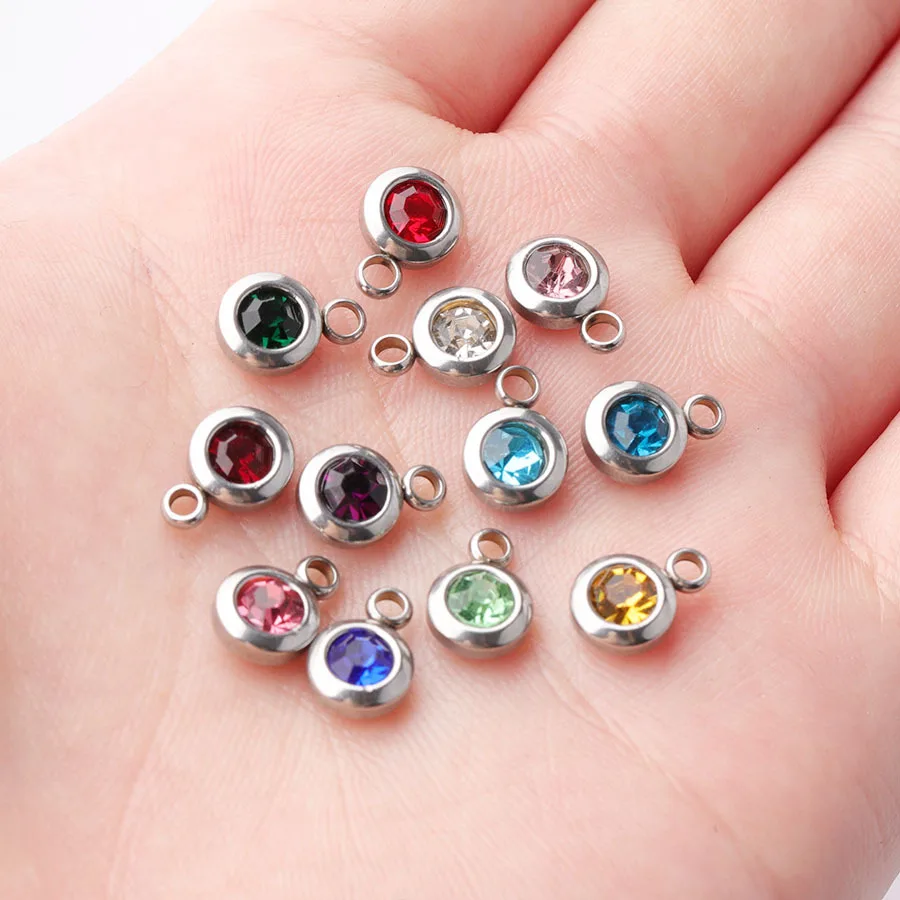

Silver Stainless Steel Birthstone Charms Birthday Stone 6.5mm Colorful Crystal Birthstone Charm Geboortestenen Wholesale 60pcs