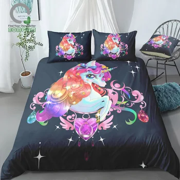

BOMCOM 3D Digital Printing Bedding Set Crystal Heart Gem Blue Face Unicorn on Black 3-Piece Duvet Cover Sets 100% Microfiber
