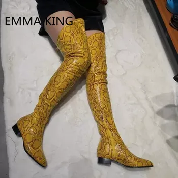 

Yellow Snake Prints Women Spring Over The Knee Flats Boots Pointed Toe Casual Autumn Ladies Runway Shoes Woman Thigh High Boots