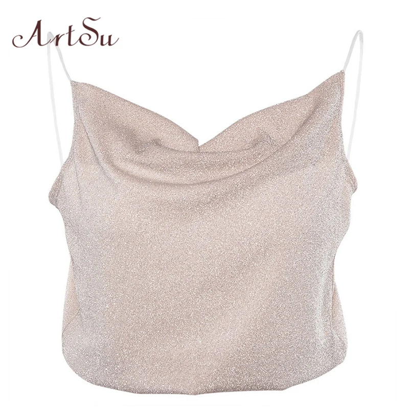 

ArtSu Spring Fashion Camis Spaghetti Strap Top Backless Off Shoulder Crop Top Sleeveless Camisole Tops Streetwear ASVE20405