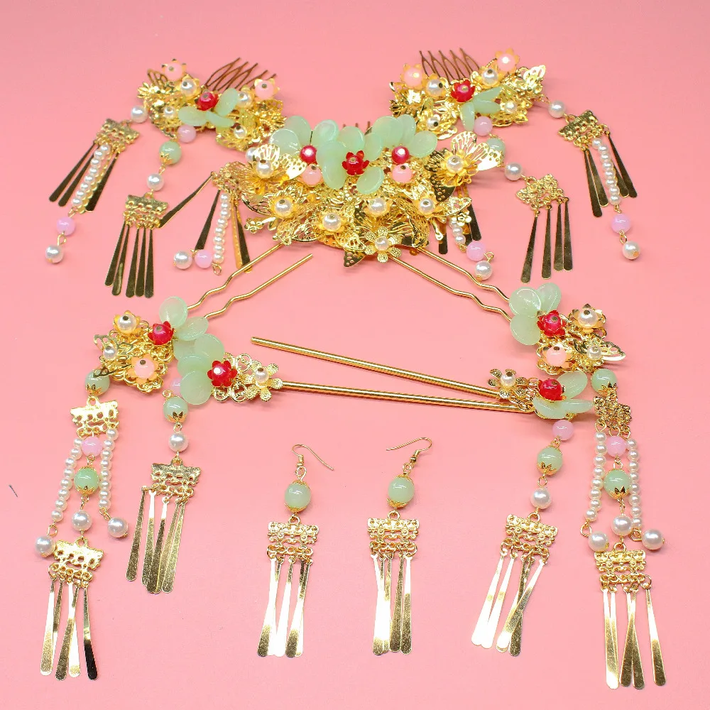 

9pieces sets Costume light green multicapacity pink beads pearl special Bride Headdress Chinese Hair Ornament Crown Wholesale