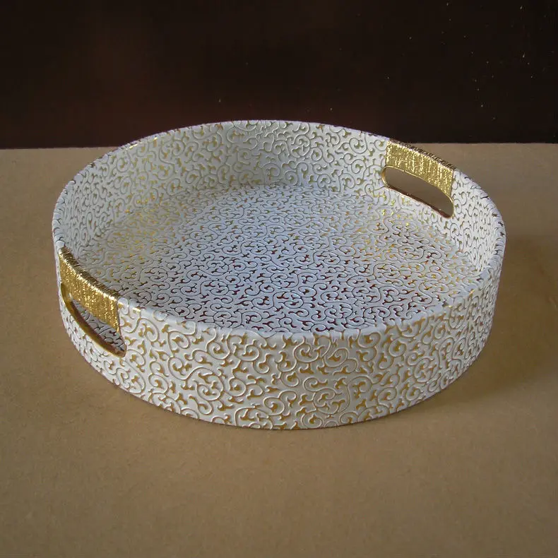 29 cm round leather serving storage decorative tray fruit food tray embossed gold over white 296c - Decorative Tray 29 cm round leather serving storage decorative tray fruit food tray embossed gold over white 296c - Decorative Tray