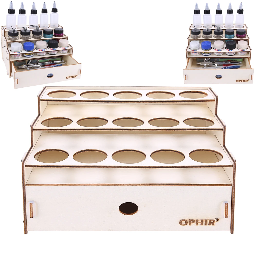 

OPHIR Paints Rack 1.46 Inch Hole Wooden Cosmetic Makeup Tattoo Paint Bottles Display Rack Brush Holder Storage Model Tool MG039