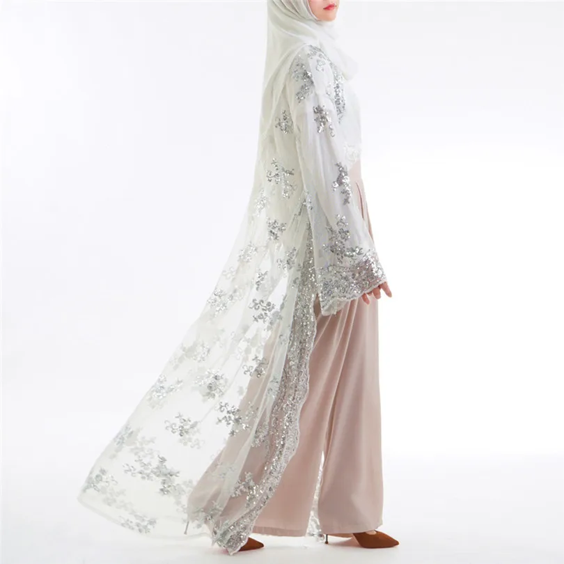 New Muslim Women Summer Lace Sequin Cardigan Long Sleeve Maxi Dress Kimono Open Abaya Robe Kaftan Dubai #4F08 (23)
