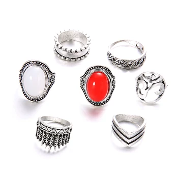 CALIENTE VENTA ❤️ Jewdy rojo blanco ópalo declaración Set de anillos para nudillos para las mujeres geométrico bohemio patrón de dedo joyería de fiesta de invierno regalo 2020 - discount item 35% OFF Joyas y complementos