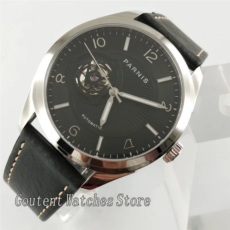 

41mm Parnis Black Dial Leather Band Steel Case Automatic Watches Men Mechanical 2812