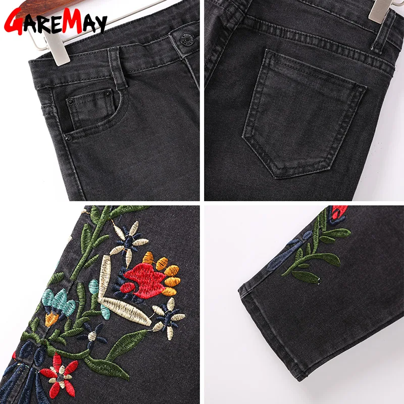Garemay Stretch Women Jeans With Embroidery Capri Black High Waisted Jeans Plus Size Floral Pants Womens Denim Pants Woman Garemay Stretch Women Jeans With Embroidery Capri Black High Waisted Jeans Plus Size Floral Pants Womens Denim Pants Woman