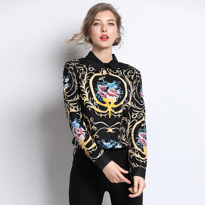 Spring Autumn women turn-down collar casual black Contrasting colors Flower print shirts full-sleeve office lady work | Женская одежда