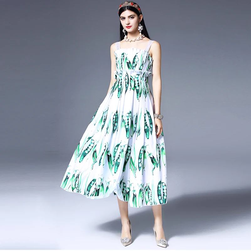 

2019 Runway Fashion Designer Summer Dress Women Spaghetti Strap Elegant Green Pea Print Holiday Casual Mid-Calf Long Dress