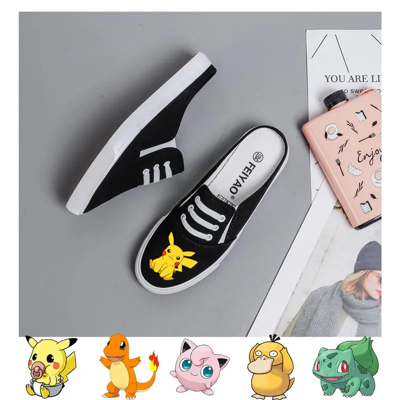 

Pikachu Pokemon Women Cute Cartoon Printing Cartoon Low Top Breathable Canvas Uppers Slip On Shoes College Trendy Shoe A19531
