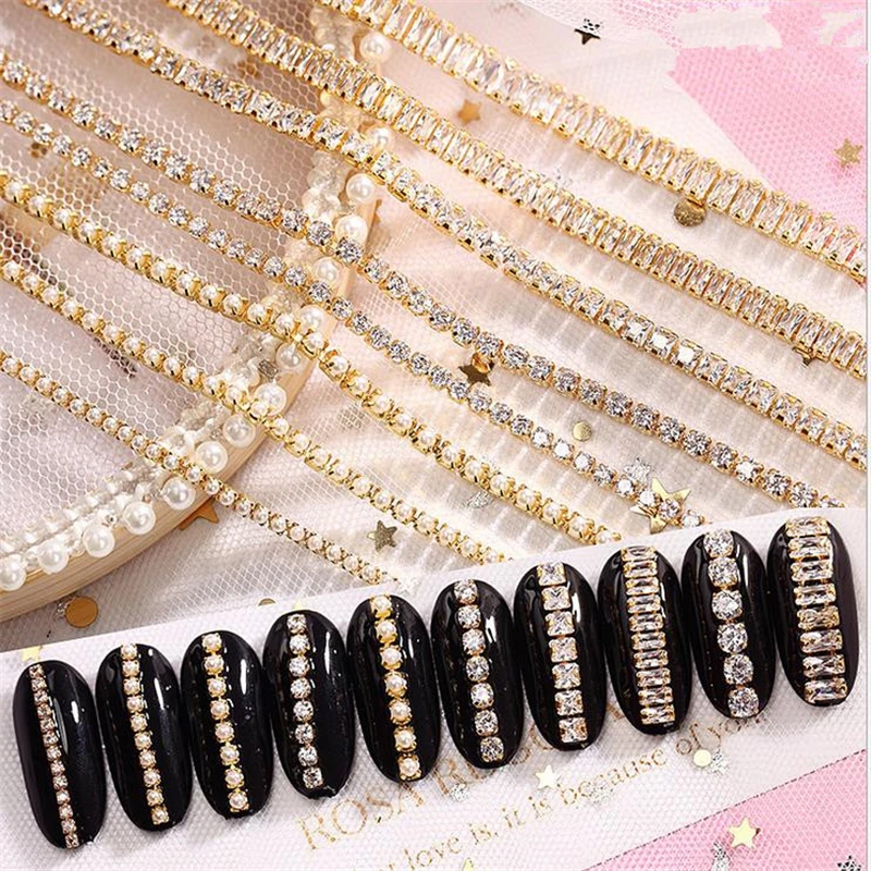 5cm New Nail Zircon Chain Nail Art Gold Edge Diamond Chain Pearl Zircon Phototherapy Nail Ornament