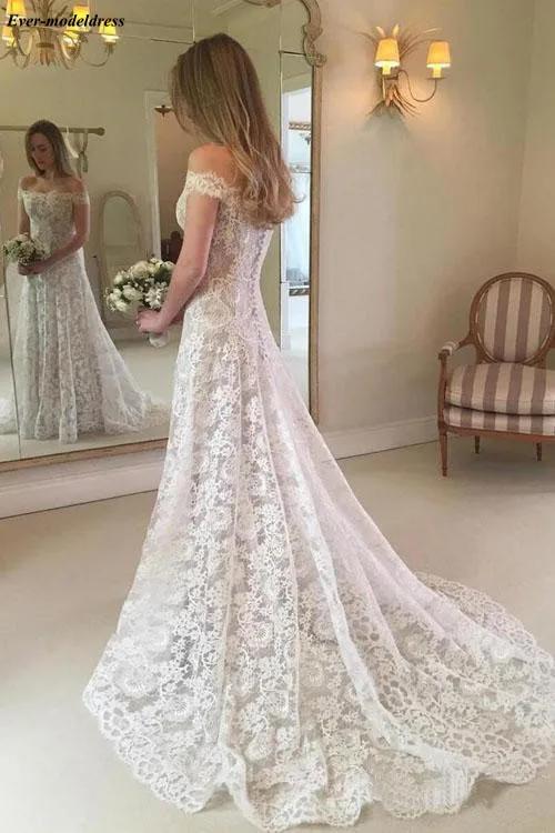 

Lace Wedding Dress Off The Shoulder A Line Elegant Princess Ivory Lace Simple Bridal Gown suknia slubna Button Back