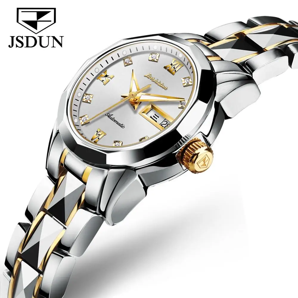 JSDUN, белый бриллиант, маленький циферблат, элегантные женские часы, автоматические механические часы, женские сапфировые водонепроницаемые женские часы, подарки - Цвет: Белый