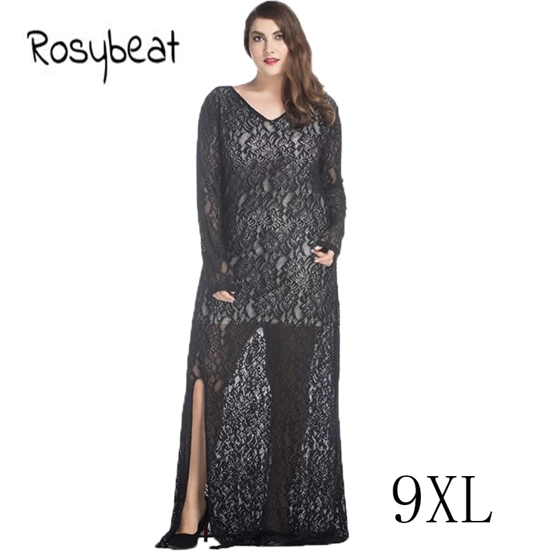 Кружевной Модный женский Макси длинное платье 7XL 8XL 9XL плюс размер длинный рукав