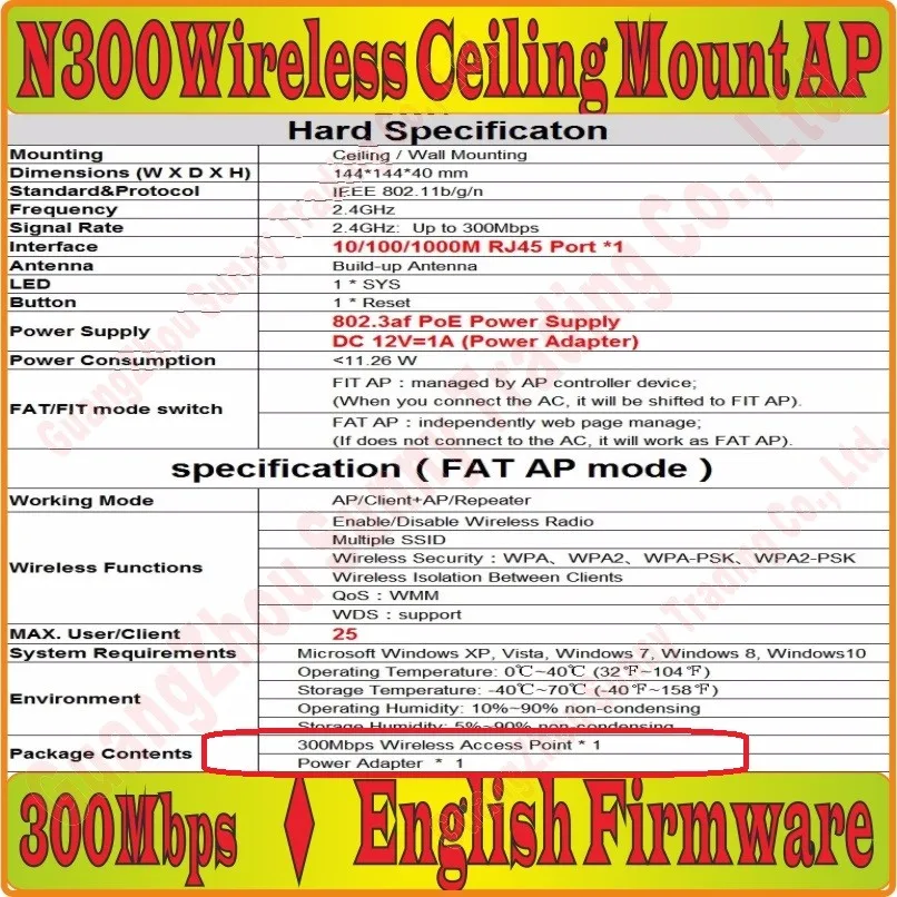 Английской прошивкой 300 Мбит/с Беспроводной Ap N300 комнатная потолочная AP 802.11b/g/n Wi-Fi точка доступа, с Мощность адаптер переменного тока, Gigabit RJ45 Порты и разъёмы