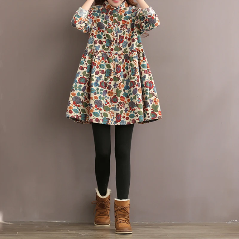 

Plus Size S-5XL Women Vintage Floral Print Dress Casual Lapel Long Sleeves Pleated Short Loose Turn-Down Collar Mini Shirt Dress