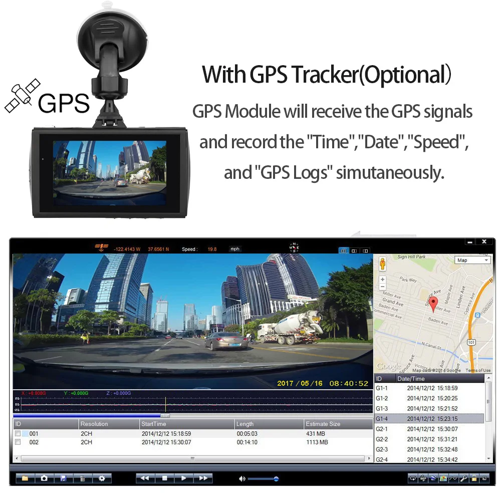 E ACE автомобиля DVR GPS трекер с разрешением Full HD 1080P двойной объектив видео