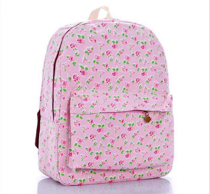 Korean Pink Rose Floral Printed Canvas floral Backpack College New