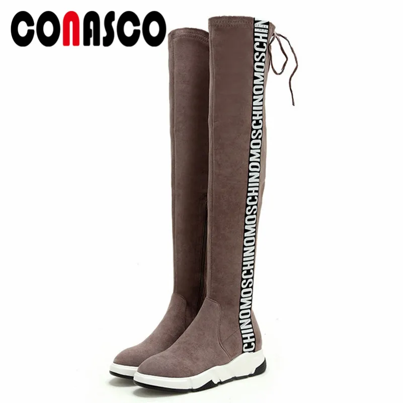 

CONASCO Fashion Long Warm Winter Snow Boots Platforms Stretch Shoes Woman New Sexy Slim Tight High Party Dancing Shoes Woman