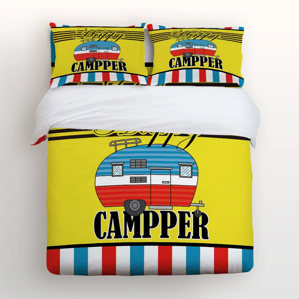 Duvet Cover Set, Happy Camping Retro Caravan Pattern, Decorative 4pcs
