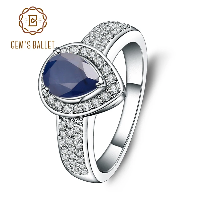 Gem's Ballet 1.29Ct Натуральный Синий Сапфир Капля воды Драгоценное кольцо Настоящее 925 пробы Серебряное Винтажное кольцо для женщин ювелирные изделия