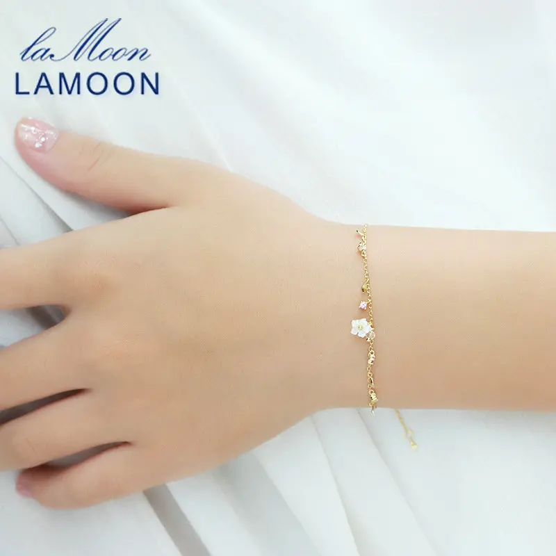 LAMOON Bracelet For Women 100% Natural Gemstone Red Corundum Shell Flower 925 Sterling Silver Jewelry Charm Fine Jewelry LMHI056