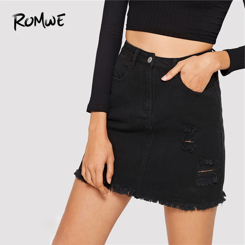 ROMWE, рваная джинсовая юбка с потертостями по краям,, базовая черная мини-юбка, Стильная летняя простая Женская юбка со средней талией