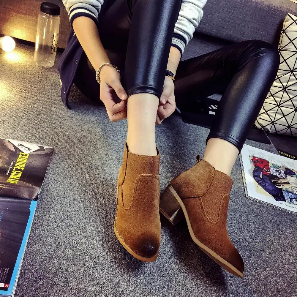 

2015 winter Autumn New Elastic Band Ankle Boots Women Comfor Solid Colors Fashion Round Toe Square Heels Boots size 35-39 R1089