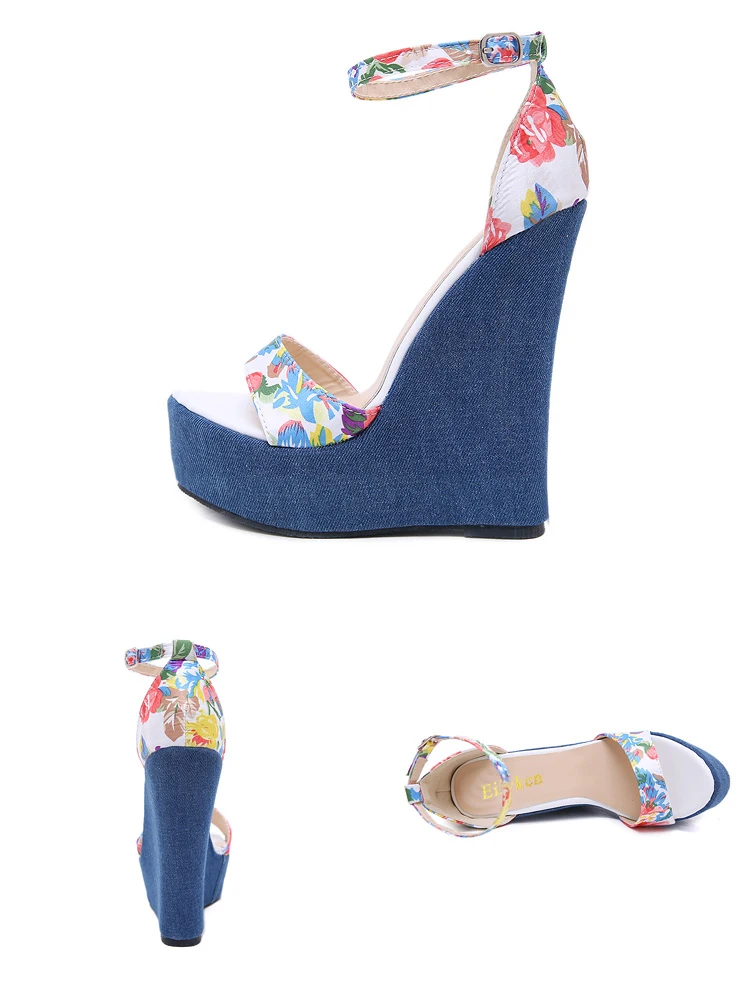 Eilyken/Новинка года; летние синие джинсовые сандалии с цветочным принтом; пикантные женские босоножки на высоком каблуке и платформе; женские босоножки на ремешке с пряжкой; Размеры 35-40
