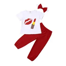 Одежда для маленьких девочек, детский наряд короткий рукав, футболка с принтом губной помады и губ+ штаны, комплект со штанами