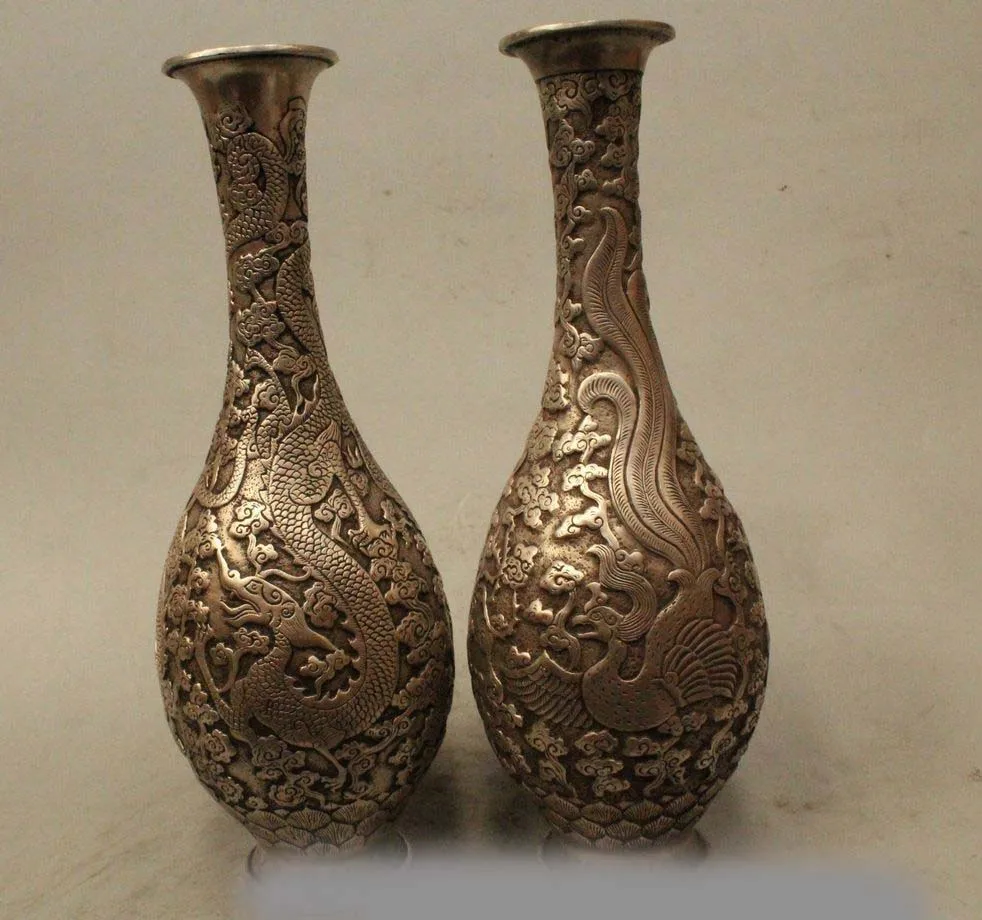 

13" Marked China Chinese Dynasty Palace Silver Dragon Phoenix Statue Vase Pot
