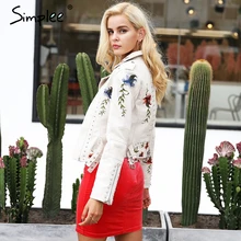 Simplee Bordir floral faux jaket kulit Putih dasar Perempuan jaket pakaian luar coats jaket kasual musim gugur musim dingin perempuan mantel