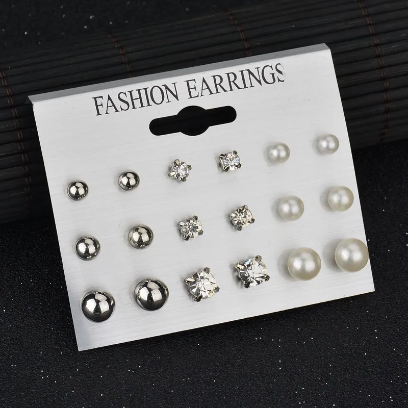 

Unique Design Beautiful Girl Fashion Earrings Ear Ring Set Combination Of 9 Sets of pearl and crystal