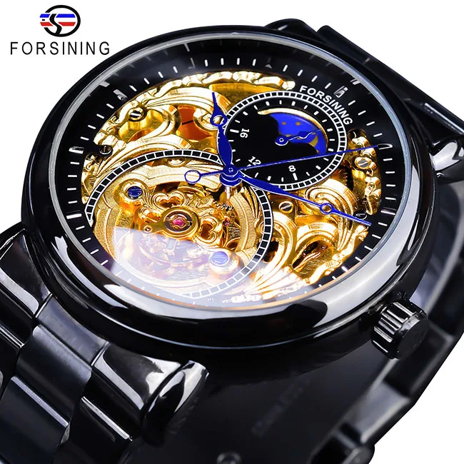 Forsining Мужские автоматические механические часы со скелетом, золотые винтажные часы с фазой Луны, стальные мужские наручные часы, лучший бренд класса люкс, Montre Homme - Цвет: S1125-4