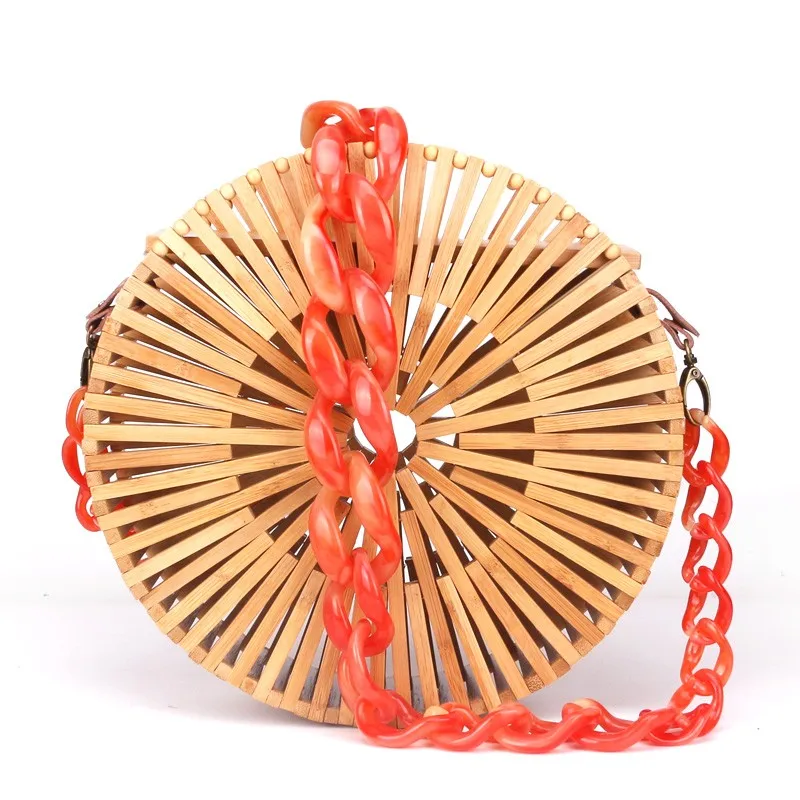 

2019 New Round Circle Bamboo Woven Bag Female Causal Small Hollow Summer Beach Bags for Ladies and Girls Acrylic Shoulder Strap