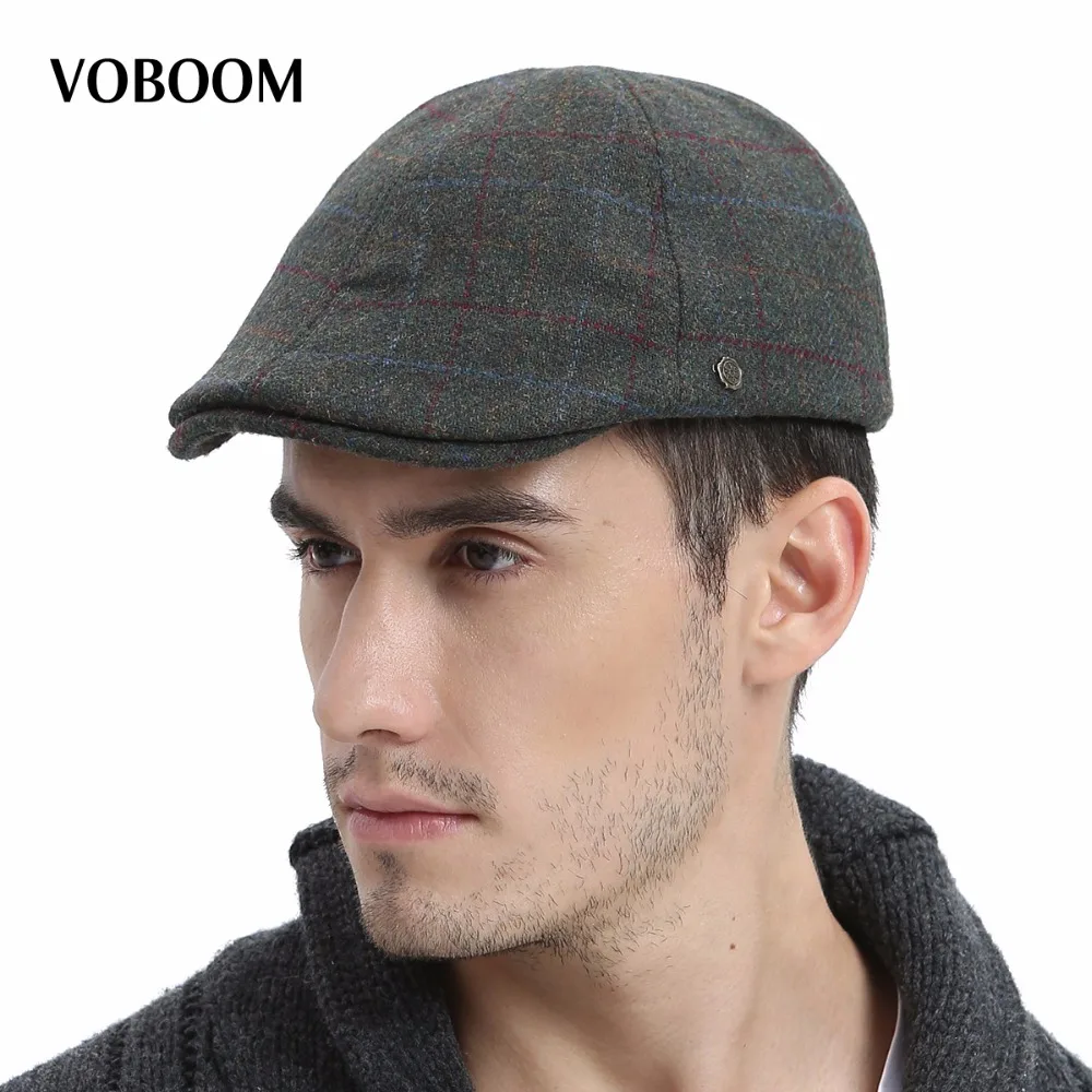 VOBOOM Wool Tweed Men Plaid Newsboy Cap Men Autumn Winter Warm Ivy Caps